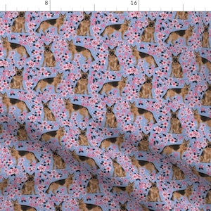 Sakura Shepherd Fabric - German Shepherd Floral Cherry Blossom By Petfriendly - Purple Dog Puppy Cotton Fabric by the Yard with Spoonflower