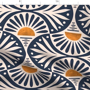 Tissu Coucher de soleil et feuilles - Art déco par de_koro - Tissu bohème tropical à motifs géométriques jaunes, lever de soleil et coucher de soleil, au mètre par Spoonflower