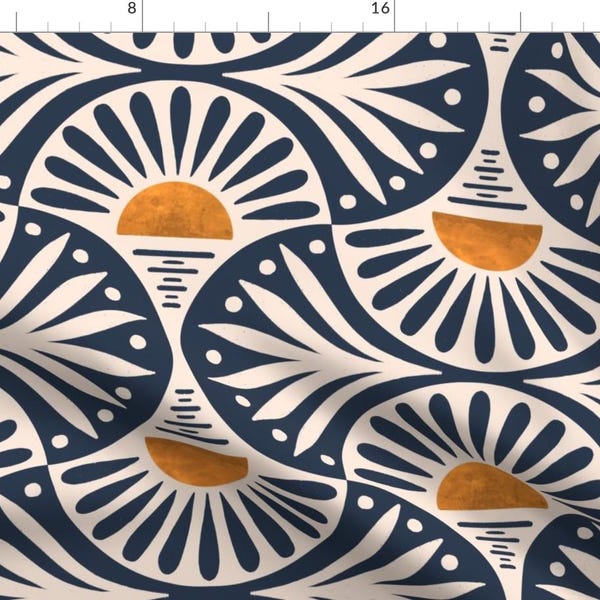 Sunset And Leaves Fabric - Art Deco by de_koro - Scallops Geometric Yellow Sunrise Sunset Tropical Boho Fabric by the Yard by Spoonflower