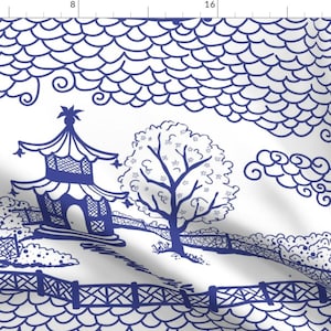 Pagoda Fabric - Cloud Pagoda Cobalt By Danika Herrick - Pagoda Chinoiserie Blue White Asian Decor Cotton Fabric By The Yard With Spoonflower