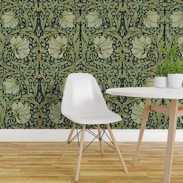Victorian Floral Peel and Stick Wallpaper - Vintage Style Morris Inspired Sage - Removable Wall Decor Art - Pimpernel by peacoquettedesigns