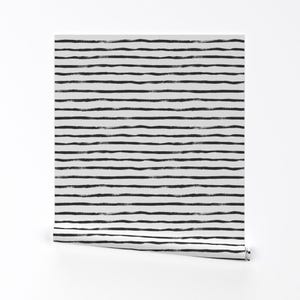 Stripe Wallpaper - Thin Stripe Soft Black By Crystal Walen - White Black Minimal Lines Removable Self Adhesive Wallpaper Roll by Spoonflower