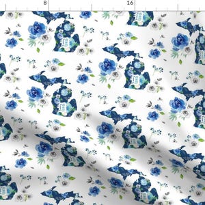 Michigan Fabric - Detroit Pride By Shopcabin - Blue Floral Detroit Michigan USA White States Cotton Fabric By The Yard With Spoonflower