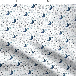 Space Fabric - 4&quot; Moon Child - Space By Rebelmod - Space Boho Eye Banner Moon Heart Blue White Cotton Fabric By The Yard With Spoonflower