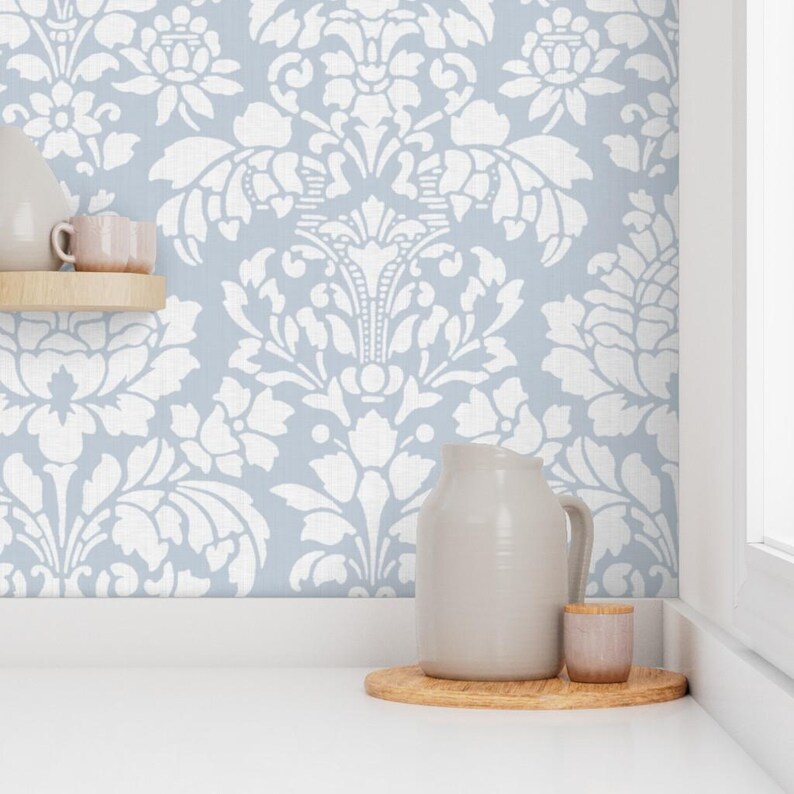 Damask Wallpaper - Balmoral Damask Large White Versailles Fog By Peacoquettedesigns - Custom Printed Adhesive Wallpaper Roll by Spoonflower image 7