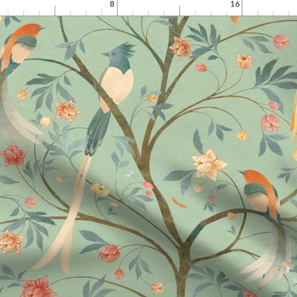 Chinoiserie Fabric - Sanctuary Celadon by silver_steer_design - Bird Of Paradise Mint Aqua  Fabric by the Yard by Spoonflower