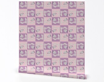 Papier peint floral moderne à carreaux - Cheerful check lavande par kathryncole - Papier peint amovible botanique rose et autocollant par Spoonflower