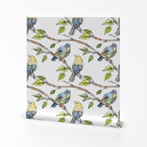 Watercolor Birds Wallpaper - Conversations By Lanagibson - Yellow Blue Custom Printed Removable Self Adhesive Wallpaper Roll by Spoonflower