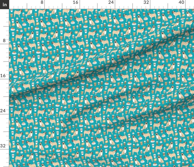 Blue Green Coffee Pug Dog Fabric Pugs Coffee Latte Turquoise Coffee Pugs By Petfriendly Cotton Fabric By The Yard With Spoonflower image 3