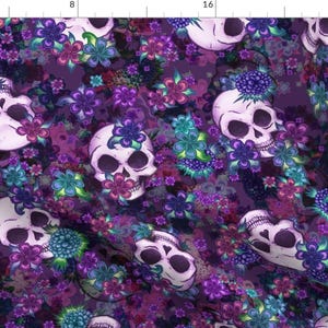 Skull Fabric - Flowers And Skulls By Elladorine - Skull Flowers Blue Purple White Bones Boho Cotton Fabric By The Yard With Spoonflower