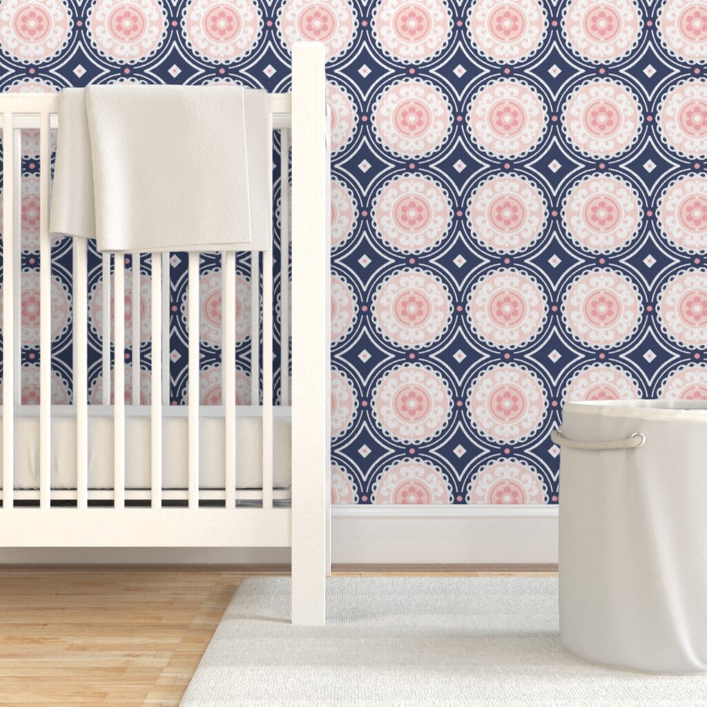 Navy and Pink Wallpaper Navy and Pink Medallion by - Etsy