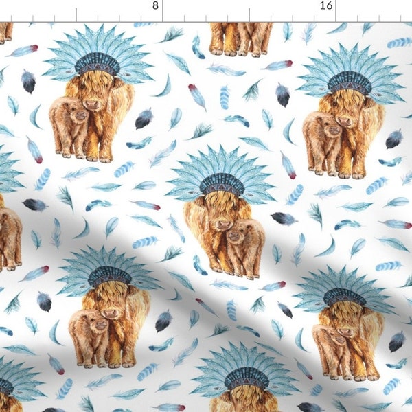 Boy Cattle Fabric - Highland Cattle With Blue Feather Crown And Feathers Background By Karolina Papiez - Boy Cattle Fabric With Spoonflower