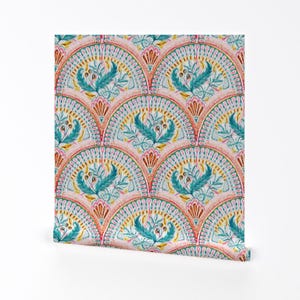 Art-Deco-Tapete - Belaubte Fischschuppe Doodle Teal Melon Von Micklyn - Individuell bedruckte, entfernbare selbstklebende Tapetenrolle von Spoonflower