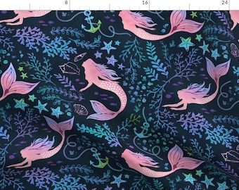 Whimsical Fabric - Ocean Pink Mermaids by adenaj - Fantasy Starfish Mythical Nautical Shells Coastal Kids Fabric by the Yard by Spoonflower