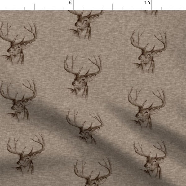 Buck Heads Brown Fabric - Bucks On Linen - Mocha By Sugarpinedesign - Deer Brown Bucks Hunting Cotton Fabric By The Yard With Spoonflower