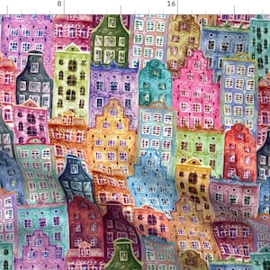 Old Houses Fabric - Watercolor City By Olgersart - Old Houses Neighborhood Community Vintage Cute Cotton Fabric By The Yard With Spoonflower