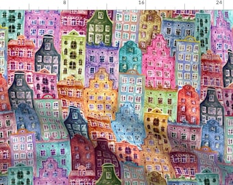 Old Houses Fabric - Watercolor City By Olgersart - Old Houses Neighborhood Community Vintage Cute Cotton Fabric By The Yard With Spoonflower