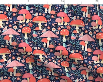 Mushrooms Fabric - Magical Garden By Luli Print - Blue Pink Forest Fungi Woodland Garden Nature Cotton Fabric By The Yard With Spoonflower