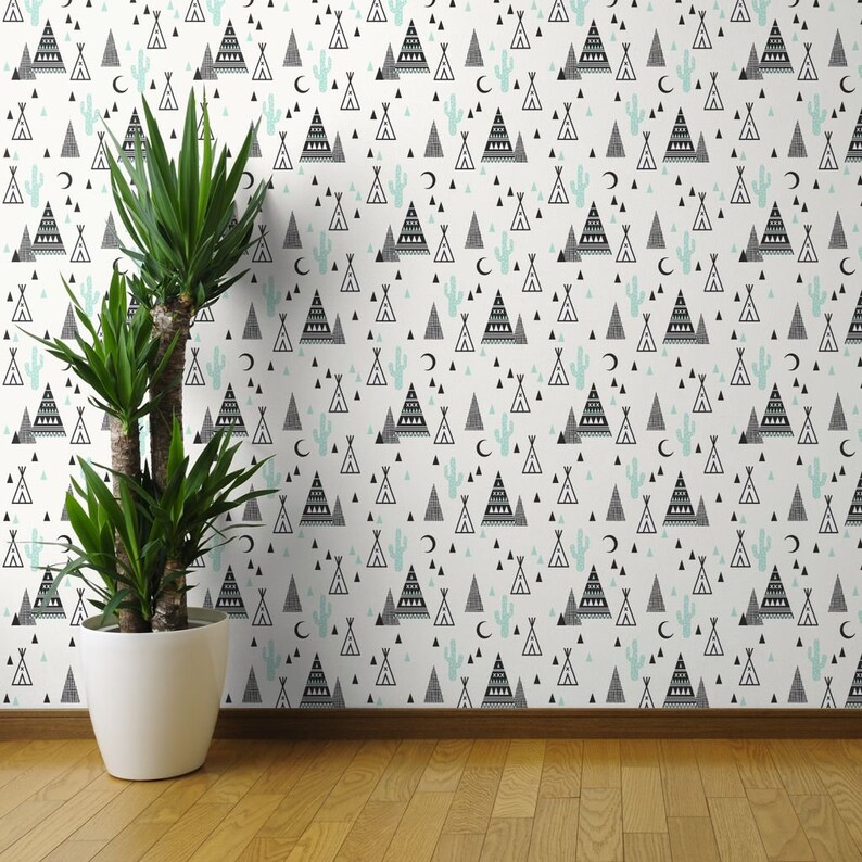Boho Teepee Wallpaper Custom Printed Removable Self Adhesive Wallpaper Roll by Spoonflower Tipi Mint Southwest Triangle By Charlottewinter