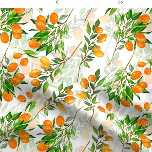 Kumquat Fruit Tree Mediterranean Fabric - Lemonade - Summer Mediterranean Fresh Hand Drawn Kumquat Branches On White - Double Layer By Utart