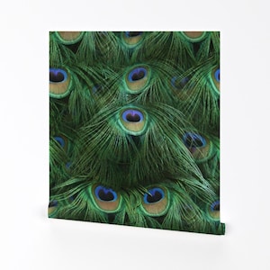 Peacock Feathers Wallpaper - The Peacock Tail By Peacoquettedesigns - Custom Printed Removable Self Adhesive Wallpaper Roll by Spoonflower
