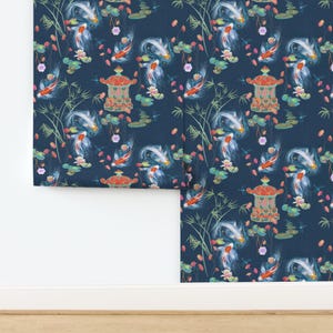 Japanese Wallpaper - Japanese Water Garden Navy By Designed By Debby - Custom Printed Removable Self Adhesive Wallpaper Roll by Spoonflower image 4