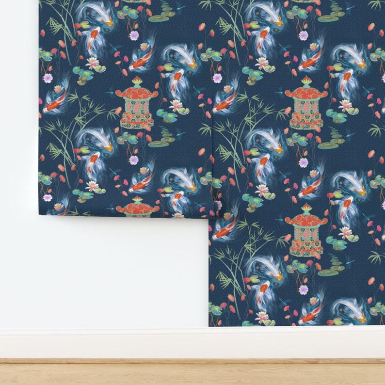 Japanese Wallpaper - Japanese Water Garden Navy By Designed By Debby - Custom Printed Removable Self Adhesive Wallpaper Roll by Spoonflower image 4