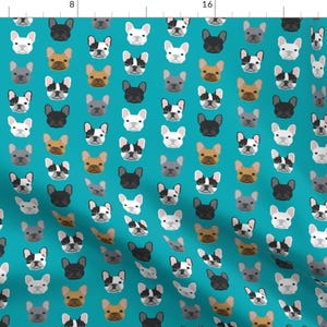 Blue Green Frenchie Fabric - French Bulldog Head Turquoise Faces By Petfriendly - Cotton Fabric By The Yard With Spoonflower