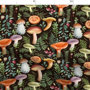 Black Mushrooms Fabric - Mushrooms Mix By Renny Studio - Black Green Orange Fungus Forest Nature Cotton Fabric By The Yard With Spoonflower