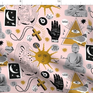 May include: A pink fabric with a repeating pattern of various religious and spiritual symbols, including a cross, a sun, a hand with the words "Head Heart Pray", a dove, a heart with thorns, an eye in a triangle, a crescent moon, a star, and a Buddha. The symbols are in black, gold, and white.