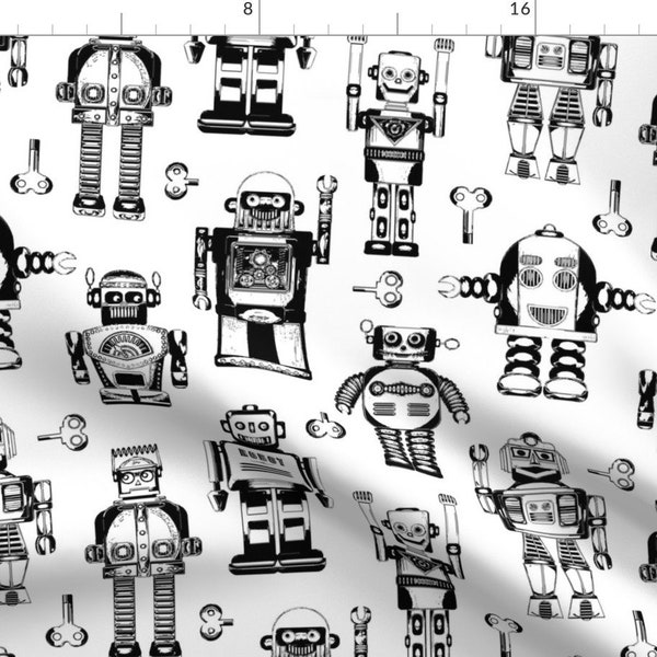 Science Fiction Fabric - Tin Robots On White By Cjldesigns - Black and White Retro Robots Sci-Fi Cotton Fabric By The Yard With Spoonflower