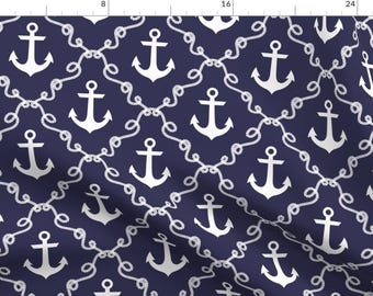 Navy Blue Nautical Anchors Fabric - Anchor Damask Navy By Mjmstudio - Anchors Cotton Fabric By The Yard With Spoonflower