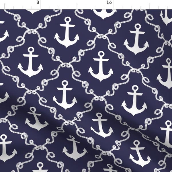 Navy Blue Nautical Anchors Fabric - Anchor Damask Navy By Mjmstudio - Anchors Cotton Fabric By The Yard With Spoonflower