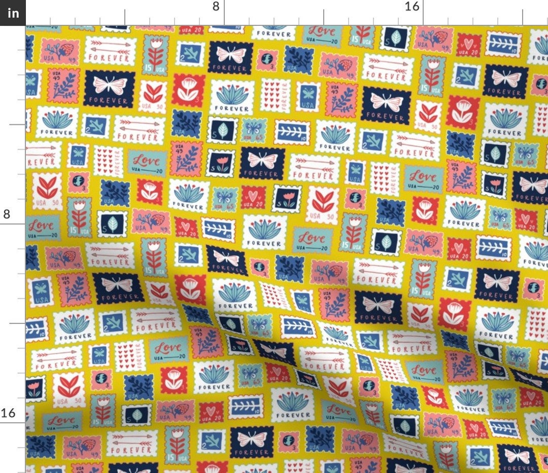 Stamps Fabric Vintage Stamps Mustard Yellow by Kristinnohe Retro Mail