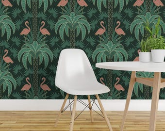 Flamingo Wallpaper - Palm Trees & Flamingo By Hannahshields - Art Deco Tropical Damask Removable Self Adhesive Wallpaper Roll by Spoonflower