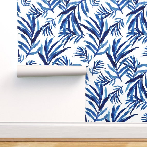 Removable Water-Activated Wallpaper Palm Fronds White On Navy Blue Tropical 