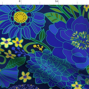 May include: A fabric pattern featuring large blue flowers with yellow centres and accents, surrounded by green leaves and stems. The design has a dark blue background and a stylized, vintage aesthetic.