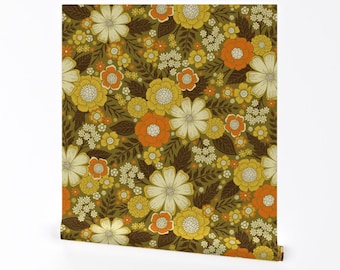 May include: A vintage-style floral wallpaper pattern with a green background and orange, yellow, and white flowers.