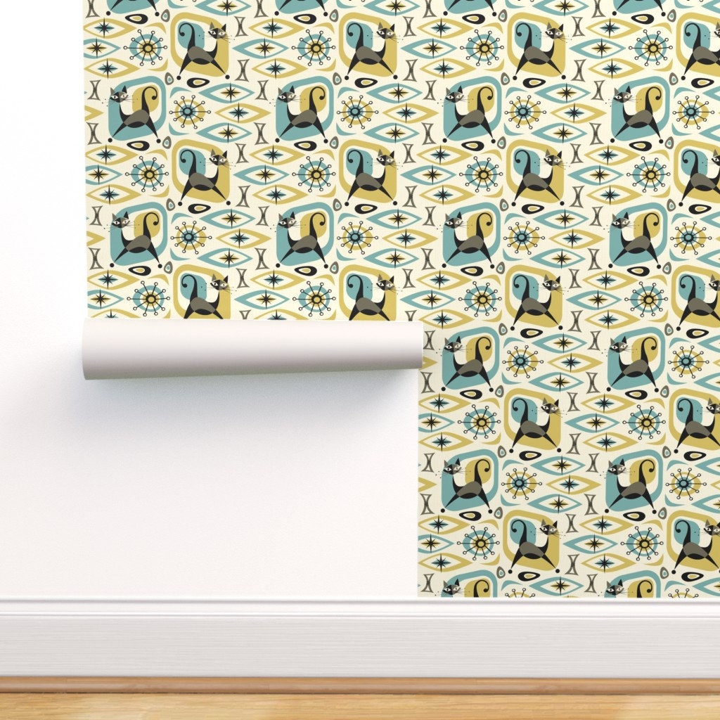 Mcm Wallpaper Mid Century Cat Abstract By Studioxtine Etsy