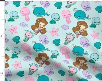 Mermaid Fabric - Sparkling Sea By Tsai-Fi - Mermaid Kawaii Kids Under the Sea Cute Blue Pink Cotton Fabric By The Yard With Spoonflower