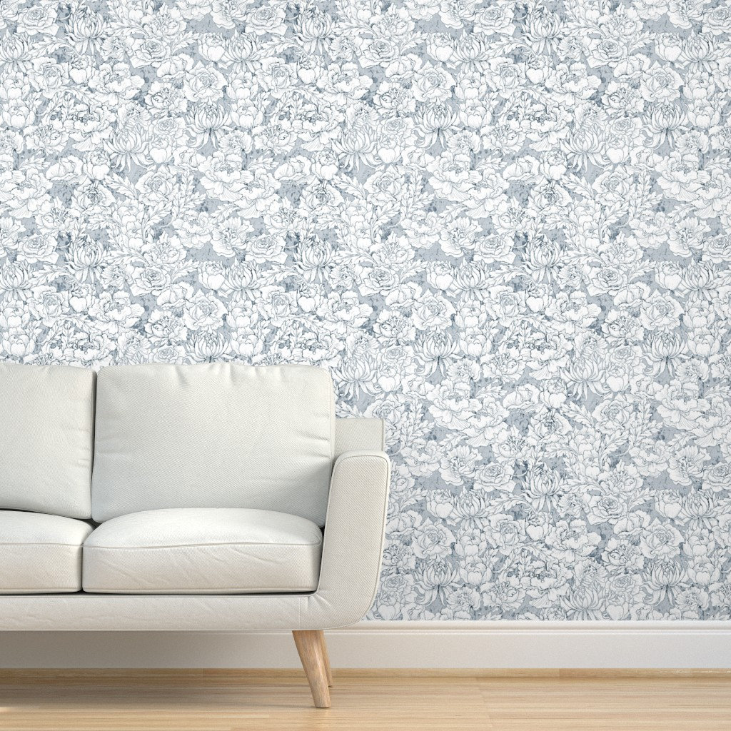 Flowers Wallpaper Bloom Duck Egg Blue By Nouveau Bohemian Etsy