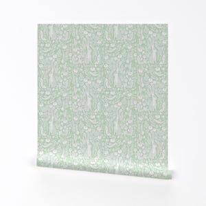Nursery Wallpaper - Hare Linocut By Andrea Lauren - Pastel Green Baby Mint Forest Cute Removable Self Adhesive Wallpaper Roll by Spoonflower