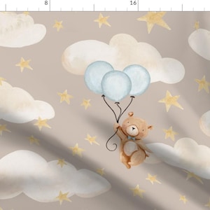 Balloons Fabric - Teddy Bear And Clouds by rachelnieman - Teddy Bear Night Sky Moon And Stars Fabric by the Yard by Spoonflower