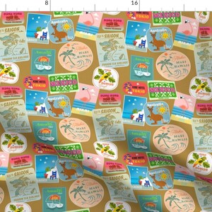 Beach Vacation Postcard Fabric - Retro Suitcase With Stickers By Morecandyshop - Beach Summer Cotton Fabric By The Yard With Spoonflower