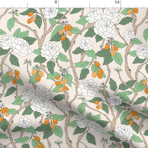 White and Orange Floral Fabric - Gardenias And Kumquats By Emmakisstina - Summer Floral Decor Cotton Fabric By The Yard With Spoonflower