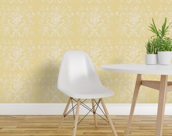 Rococo Wallpaper - Faded Rococo Roses By Lilyoake - Yellow White 18th Century Europe Removable Self Adhesive Wallpaper Roll by Spoonflower