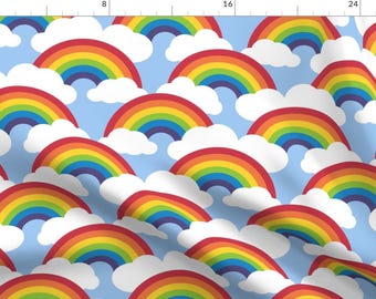 Kids Rainbow Fabric - Large Circle Rainbow - Blue Skies By Weavingmajor - Rainbow and Cloud Cotton Fabric By The Yard With Spoonflower