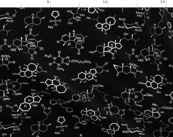 May include: A black background with white chemical formulas and structures. The formulas include letters, numbers, and symbols.