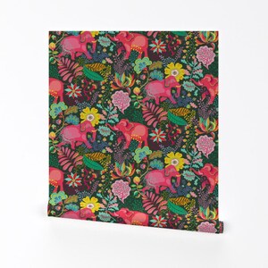 Jungle Wallpaper - Floral Jungle Elephant By Miraparadies - Bohemian Green Pink Summer Removable Self Adhesive Wallpaper Roll by Spoonflower image 2