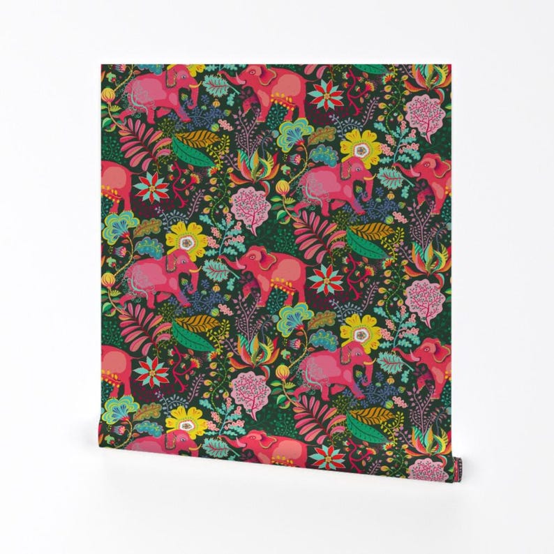 Jungle Wallpaper - Floral Jungle Elephant By Miraparadies - Bohemian Green Pink Summer Removable Self Adhesive Wallpaper Roll by Spoonflower image 2